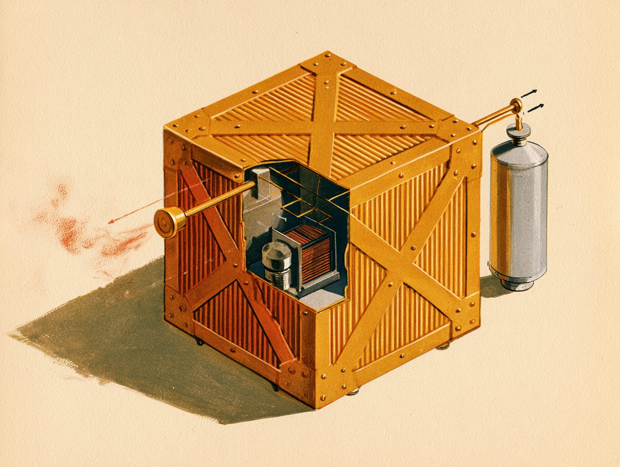 A cutaway of the oxygen machine: a golden ribbed cube like the real MOXIE instrument, thin red Mars air drawn in through a round intake, and a pipe carrying fresh oxygen out to a sealed silver tank.