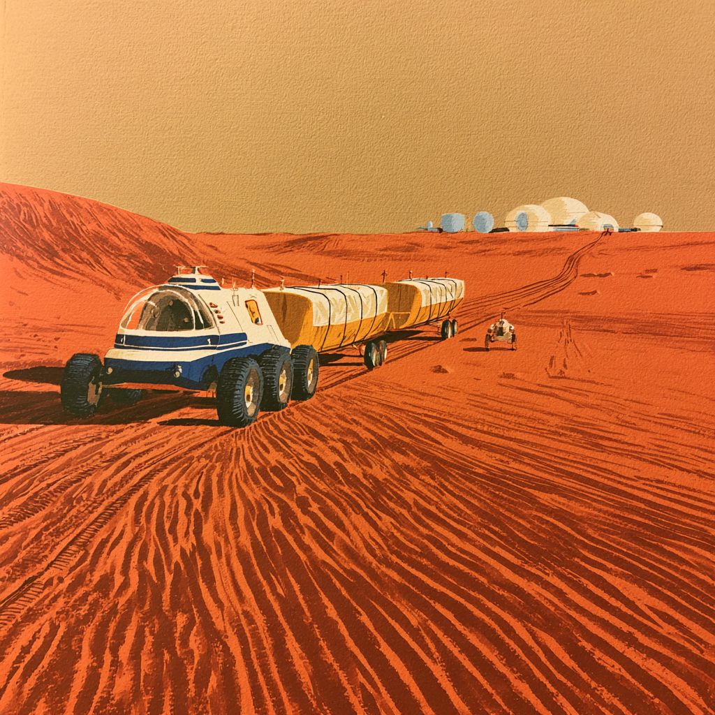 The driverless ice convoy rolls home across rippled orange dunes: the rover's glass dome empty, the trailers' cargo sealed under tarps, a little robot following, the base domes waiting on the horizon.