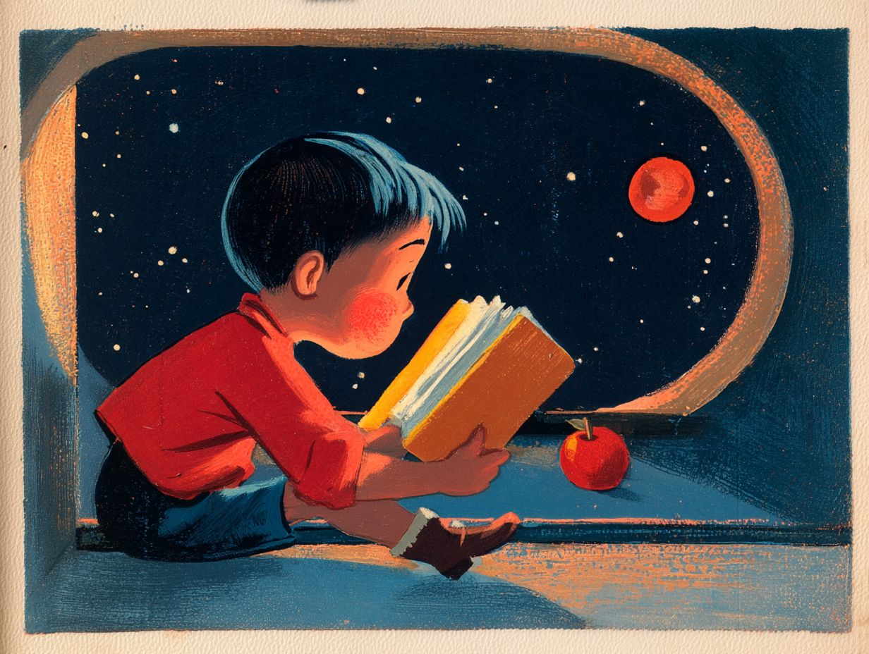 Inside the ship, a traveller floats sideways reading a book. A pencil, an apple and a blob of water float too. Through the porthole, stars, and one small red dot growing closer.