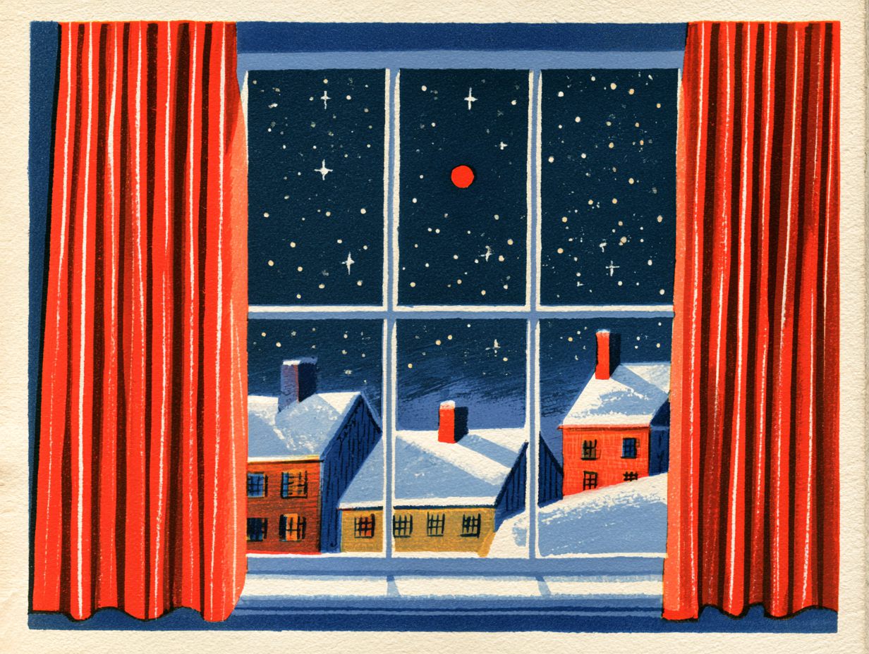 A dark bedroom window at night. Stars fill the sky and one small red point of light shines: Mars. A telescope on a tripod points toward it.