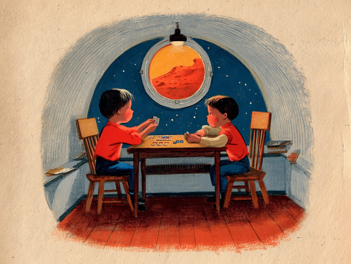 Through the round window of the Mars house, the whole sky has turned tan with dust. Inside, two travellers play cards under a warm lamp.