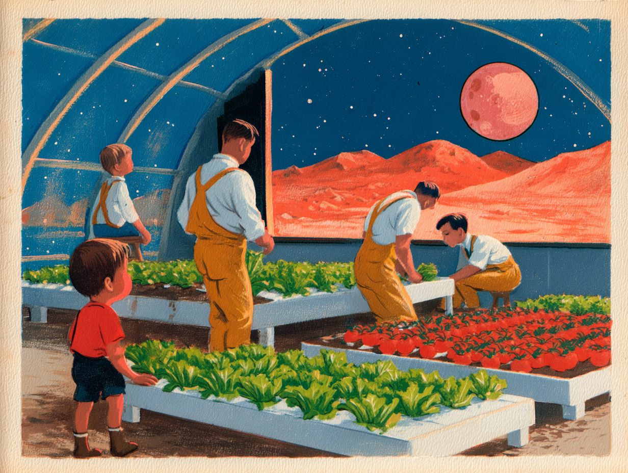 Inside a vast greenhouse dome on Mars, long rows of lettuce and tomato plants grow in white trays without soil, under lamps that glow pink, while the rust-orange desert waits outside the window.