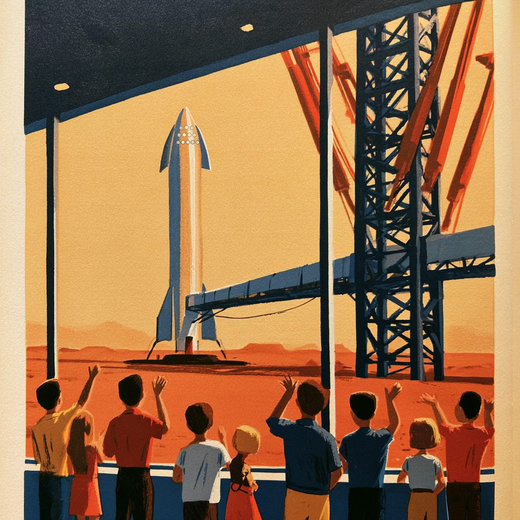 Children wave at the terminal rail as the silver ship stands upright on the empty pad outside, three rows of lit round windows at the top of its nose, the covered boarding bridge stretching from its door to the spaceport tower.